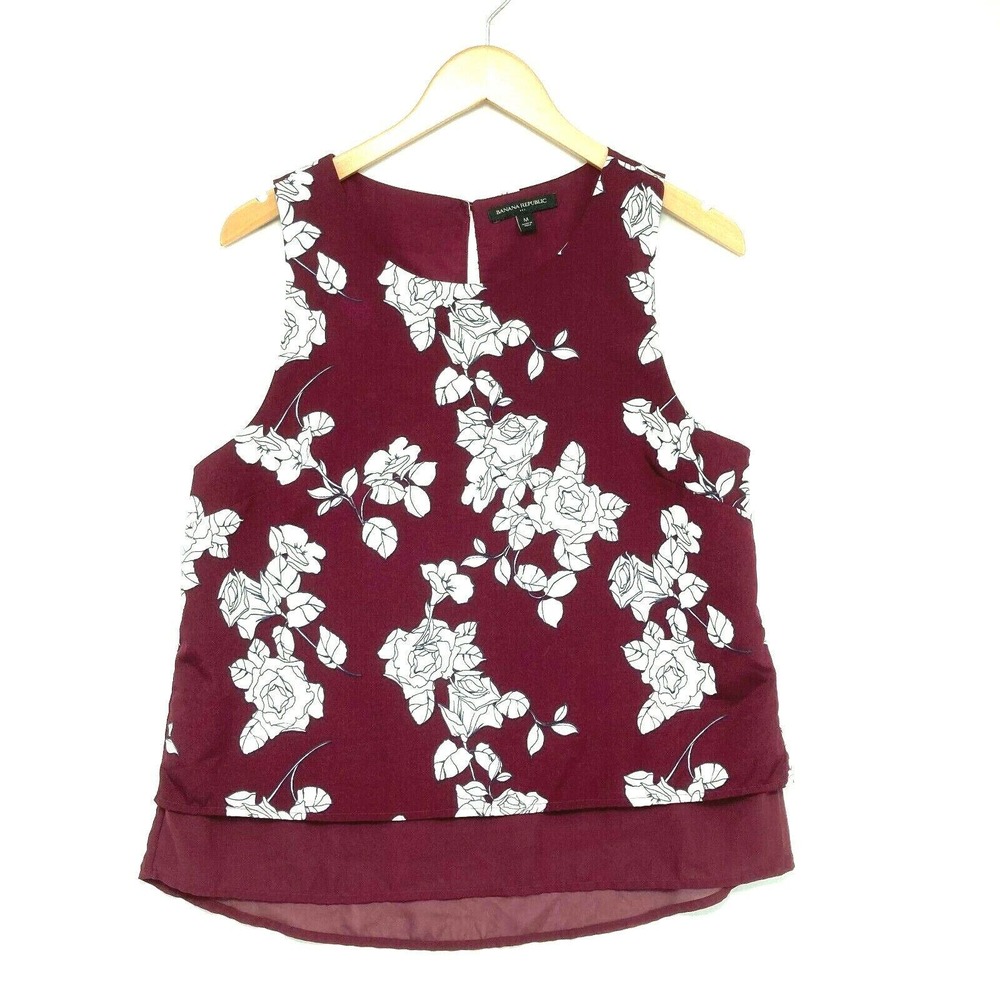 Banana Republic Women's Maroon Floral Sleeveless Round Neck Blouse M
